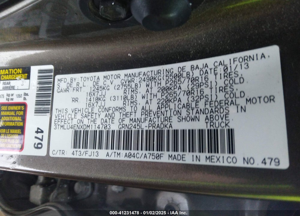 2013 TOYOTA TACOMA DOUBLE CAB VIN: 3TMLU4ENXDM114703