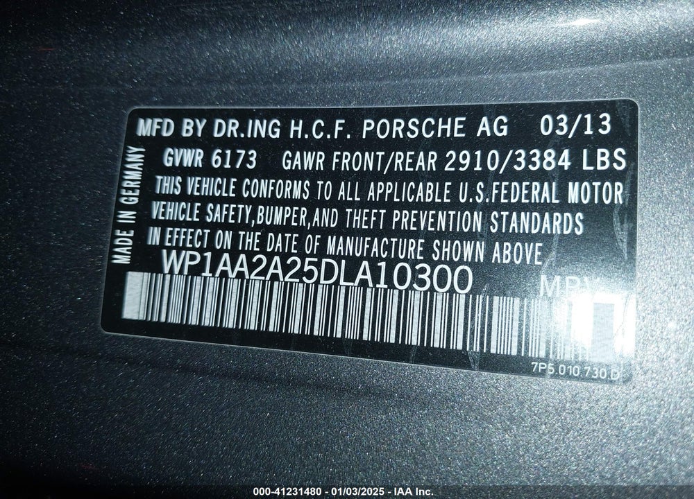 2013 PORSCHE CAYENNE VIN: WP1AA2A25DLA10300