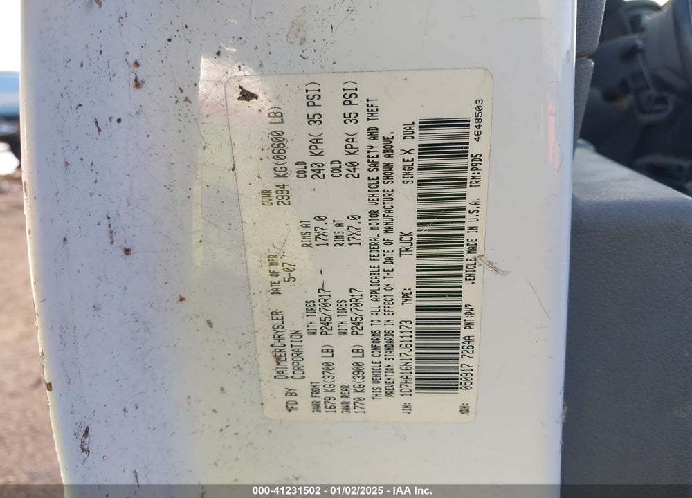 2007 DODGE RAM 1500 VIN: 1D7HA16N17J611173