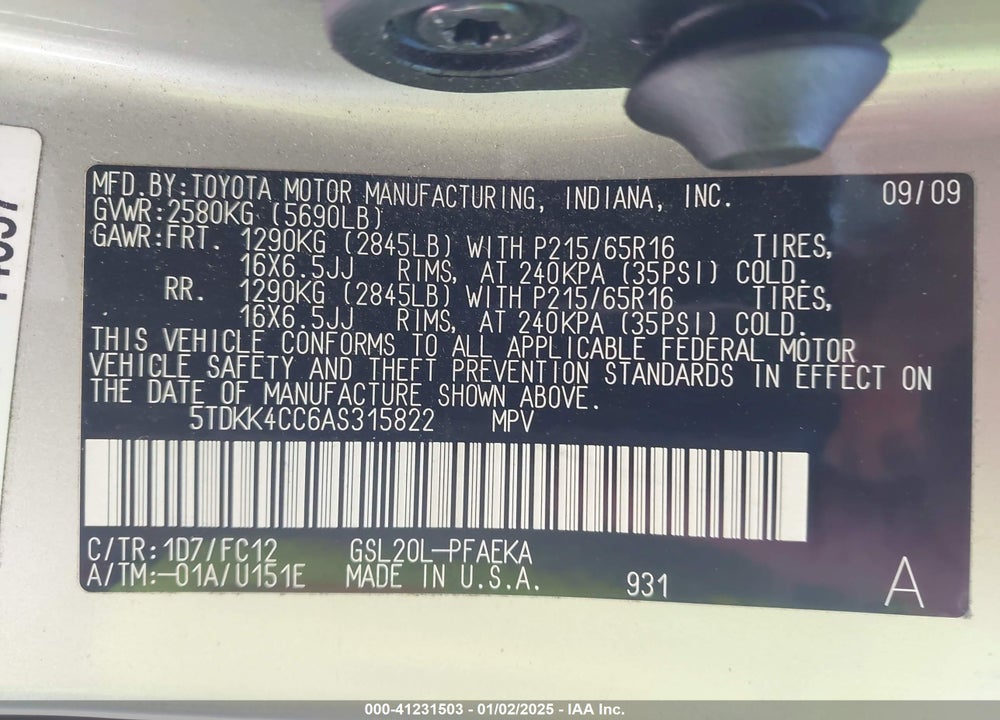2010 TOYOTA SIENNA LE VIN: 5TDKK4CC6AS315822