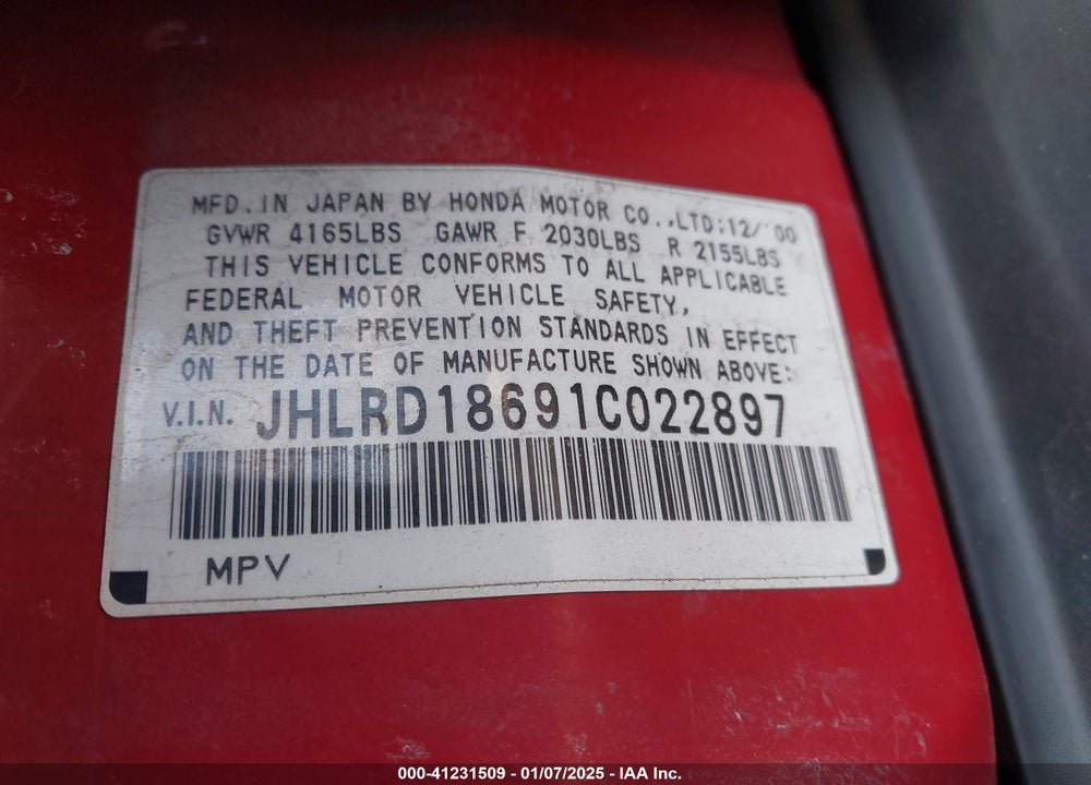 2001 HONDA CR-V EX VIN: JHLRD18691C022897