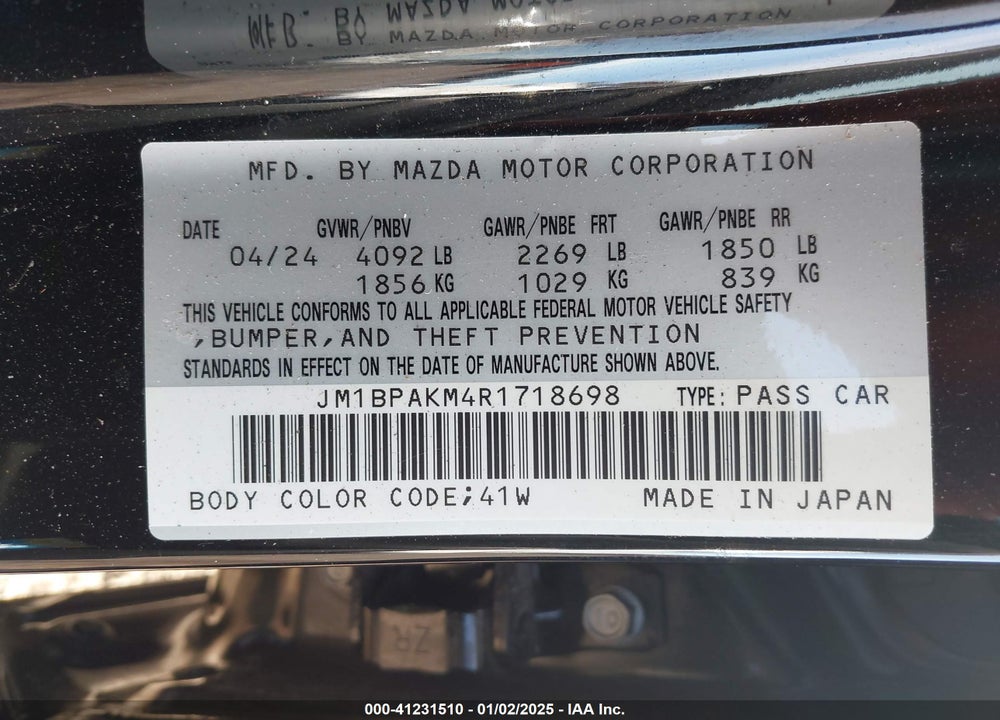2024 MAZDA 3 VIN: JM1BPAKM4R1718698