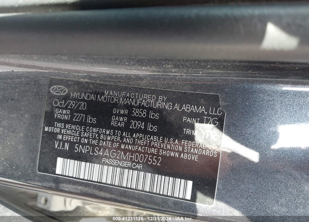 2021 HYUNDAI ELANTRA VIN: 5NPLS4AG2MH007552