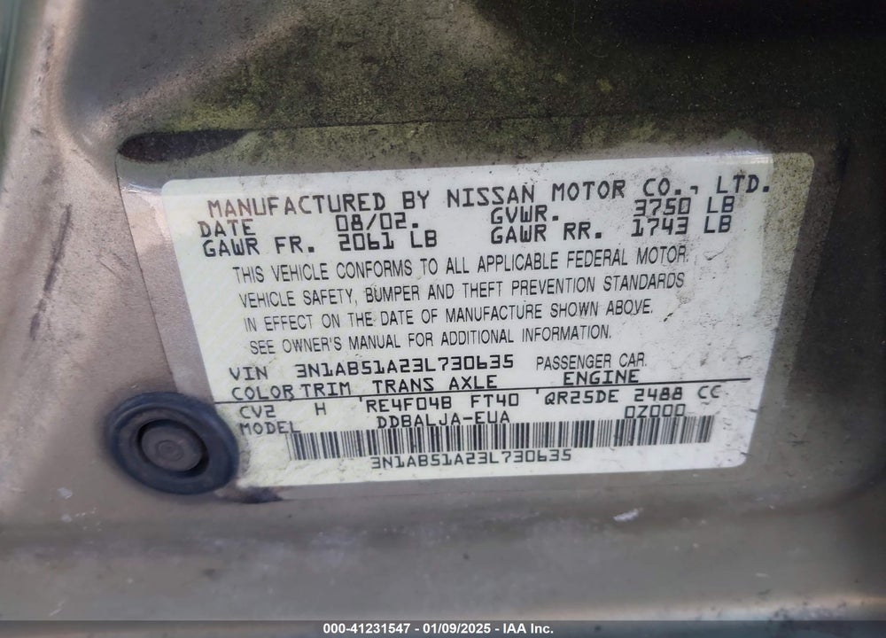 2003 NISSAN SENTRA GXE LIMITED EDITION VIN: 3N1AB51A23L730635