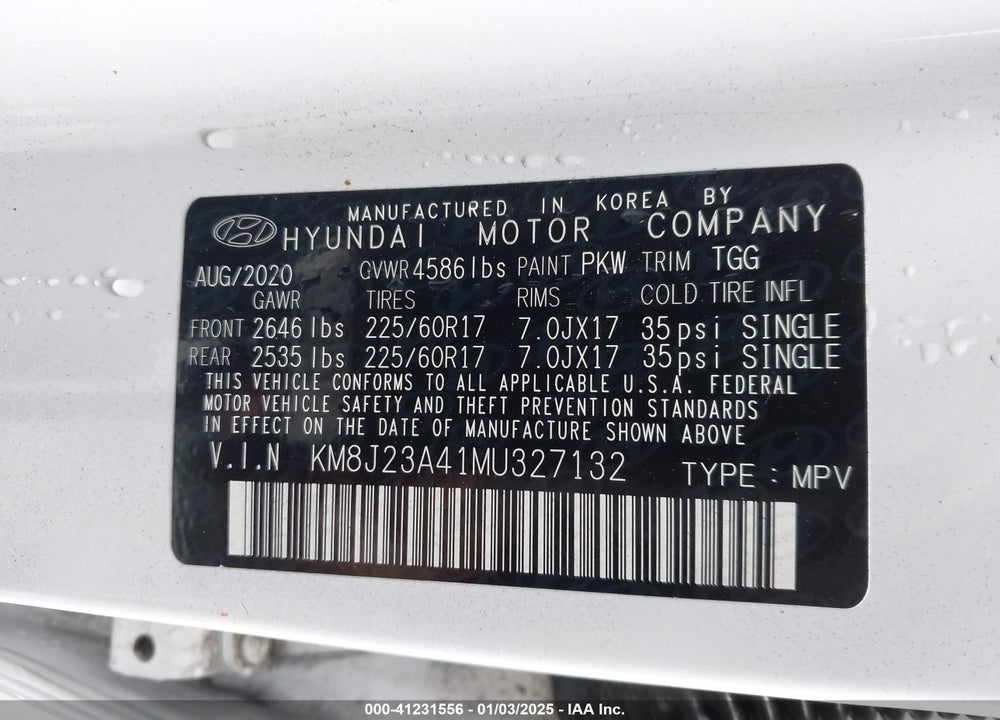 2021 HYUNDAI TUCSON SE VIN: KM8J23A41MU327132