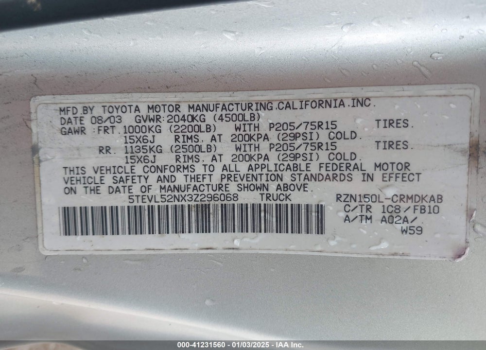 2003 TOYOTA TACOMA VIN: 5TEVL52NX3Z296068