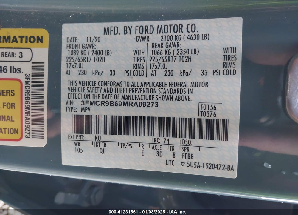2021 FORD BRONCO SPORT BIG BEND VIN: 3FMCR9B69MRA09273