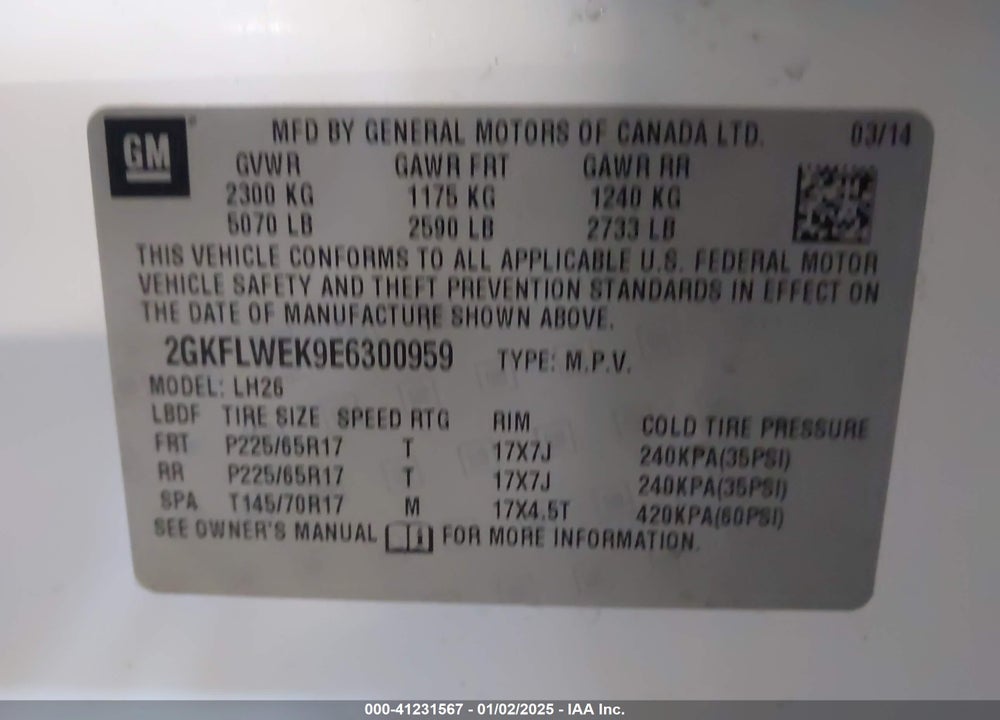 2014 GMC TERRAIN SLE-2 VIN: 2GKFLWEK9E6300959