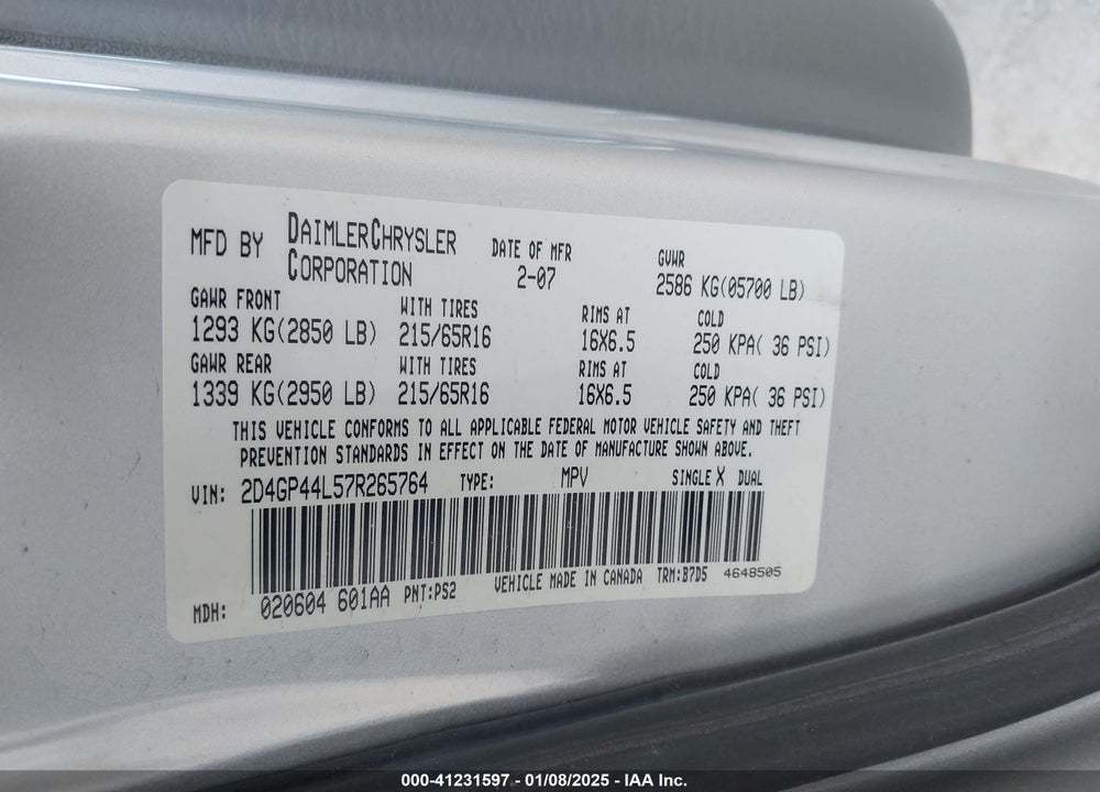 2007 DODGE GRAND CARAVAN SXT VIN: 2D4GP44L57R265764