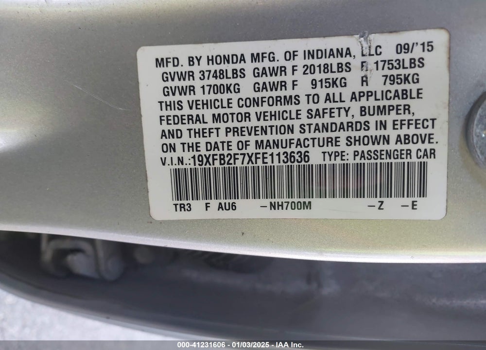 2015 HONDA CIVIC SE VIN: 19XFB2F7XFE113636