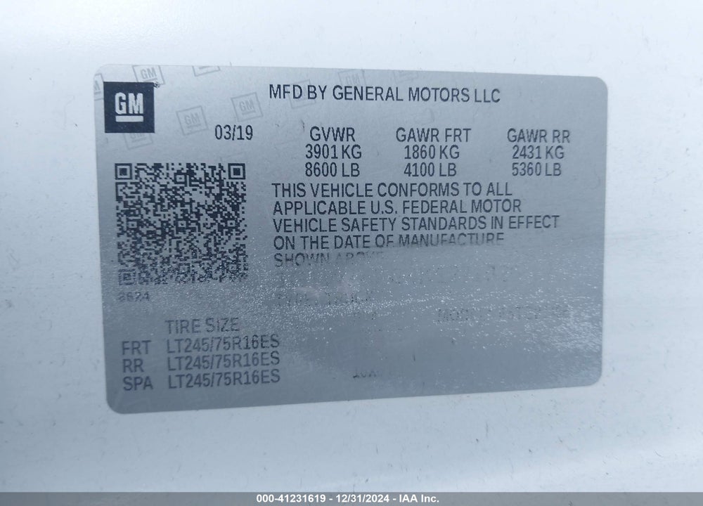 2019 GMC SAVANA 2500 WORK VAN VIN: 1GTW7AFG4K1271625