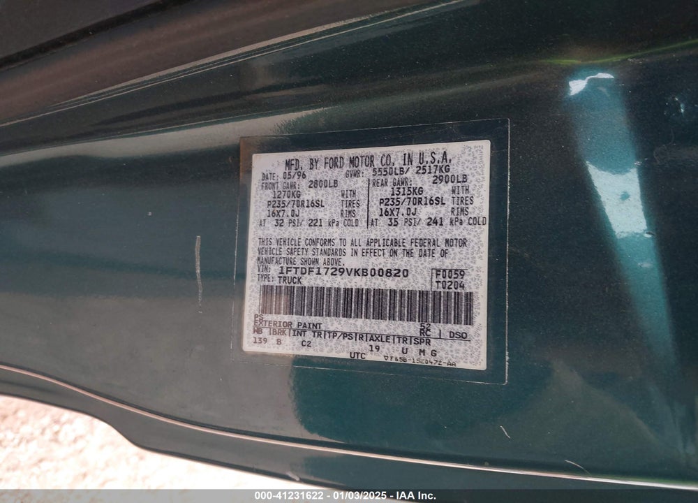 1997 FORD F-150 STANDARD/XL/XLT VIN: 1FTDF1729VKB00820