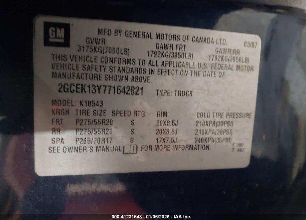 2007 CHEVROLET SILVERADO 1500 VIN: 2GCEK13Y771642821