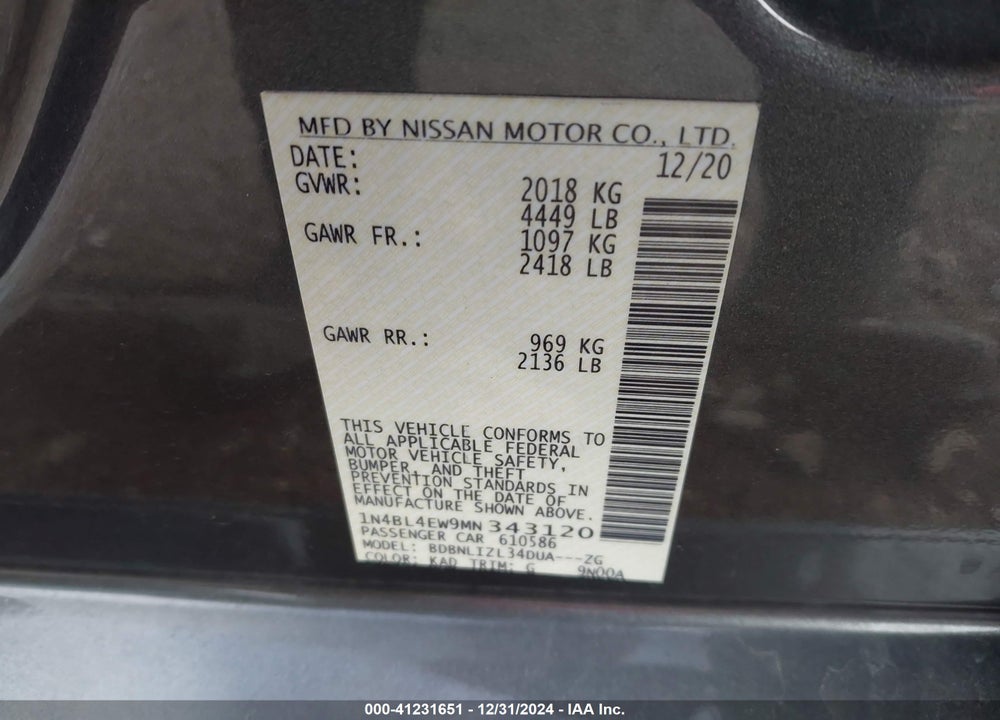 2021 NISSAN ALTIMA SL INTELLIGENT AWD VIN: 1N4BL4EW9MN343120
