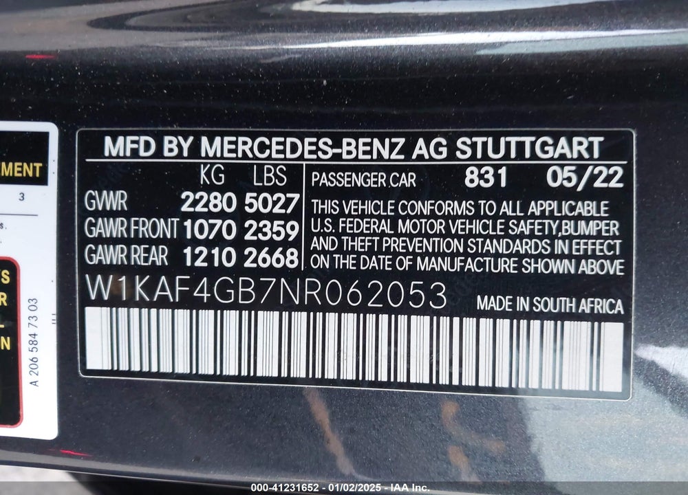 2022 MERCEDES-BENZ C 300 VIN: W1KAF4GB7NR062053