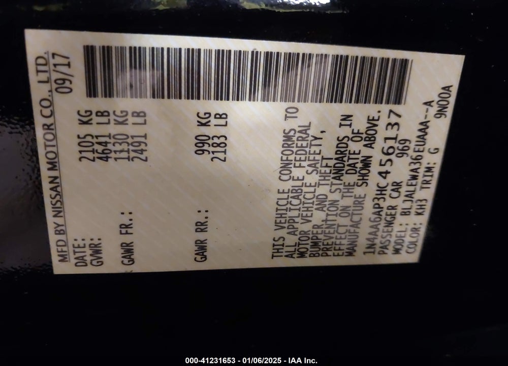 2017 NISSAN MAXIMA VIN: 1N4AA6AP3HC456137