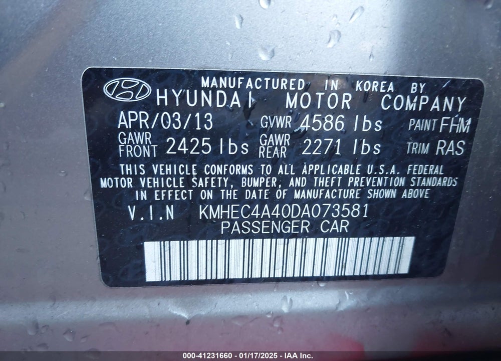2013 HYUNDAI SONATA HYBRID VIN: KMHEC4A40DA073581