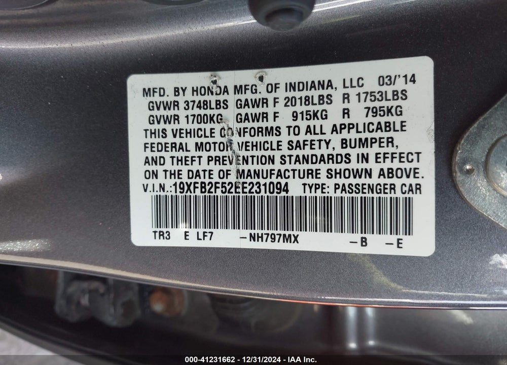 2014 HONDA CIVIC VIN: 19XFB2F52EE231094