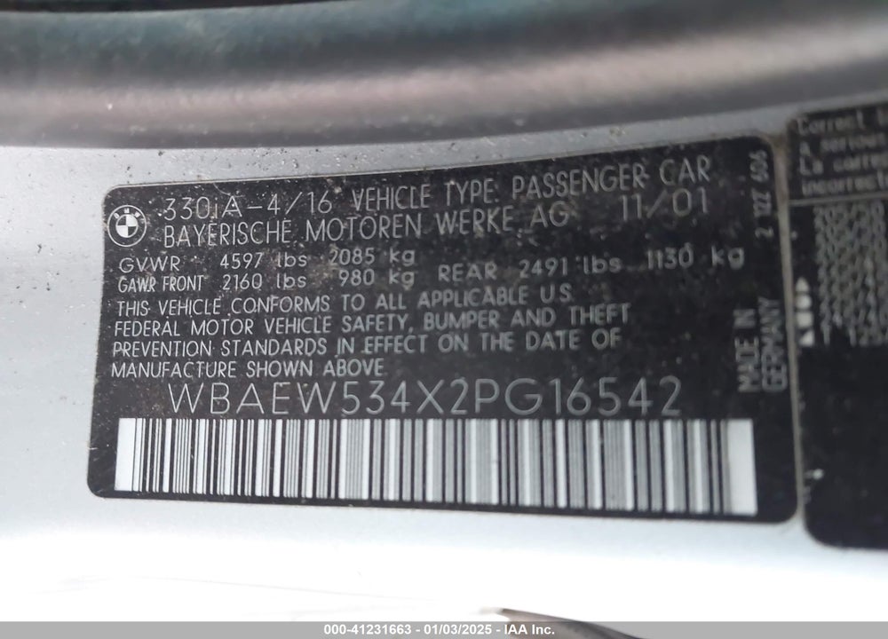 2002 BMW 330XI VIN: WBAEW534X2PG16542