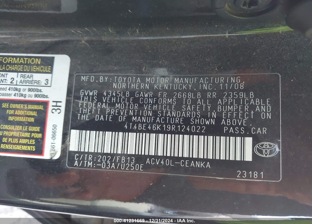 2009 TOYOTA CAMRY LE VIN: 4T4BE46K19R124022