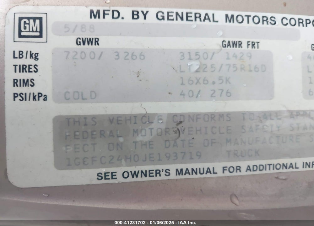 1988 CHEVROLET GMT-400 C2500 VIN: 1GCFC24H0JE193719