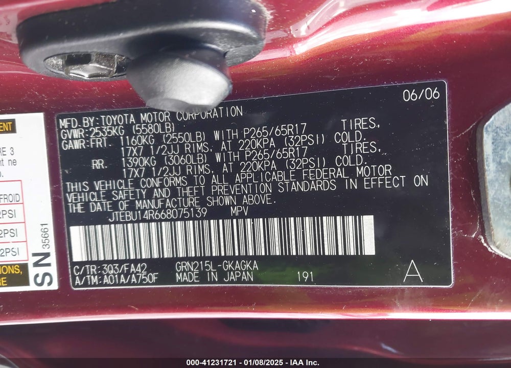 2006 TOYOTA 4RUNNER SR5 V6 VIN: JTEBU14R668075139