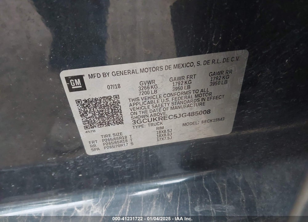2018 CHEVROLET SILVERADO VIN: 3GCUKREC5JG485008