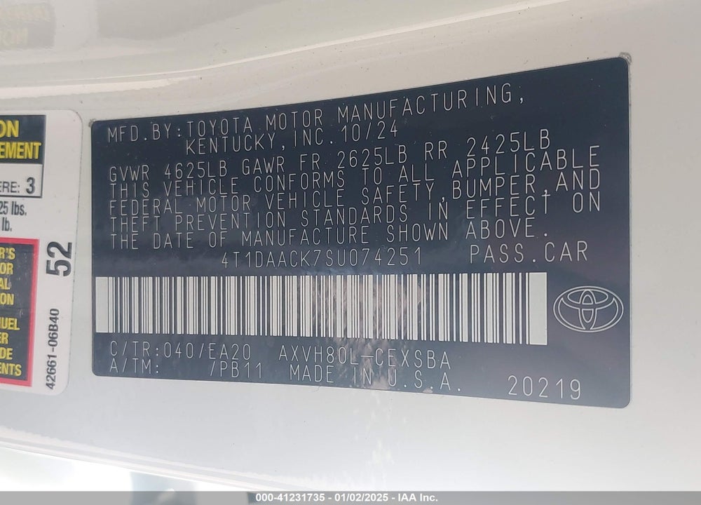 2025 TOYOTA CAMRY VIN: 4T1DAACK7SU074251