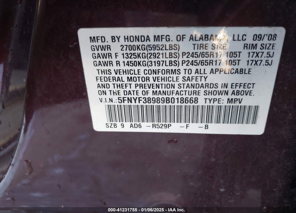 2009 HONDA PILOT TOURING VIN: 5FNYF38989B018668