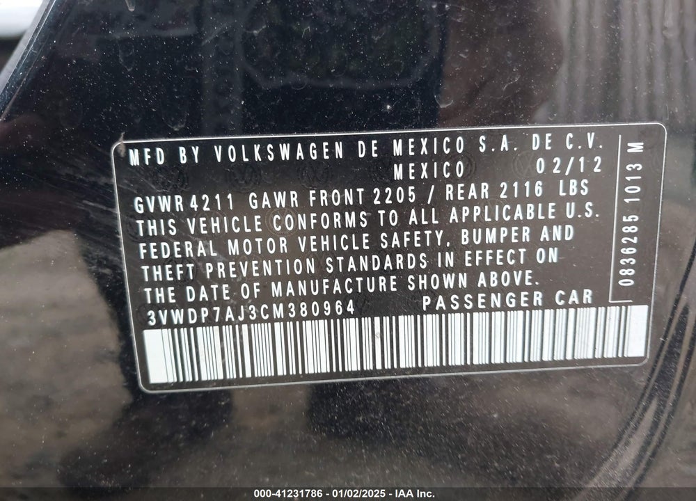 2012 VOLKSWAGEN JETTA 2.5L SE VIN: 3VWDP7AJ3CM380964