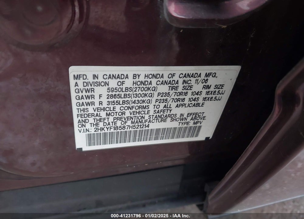 2007 HONDA PILOT EX-L VIN: 2HKYF18587H521214