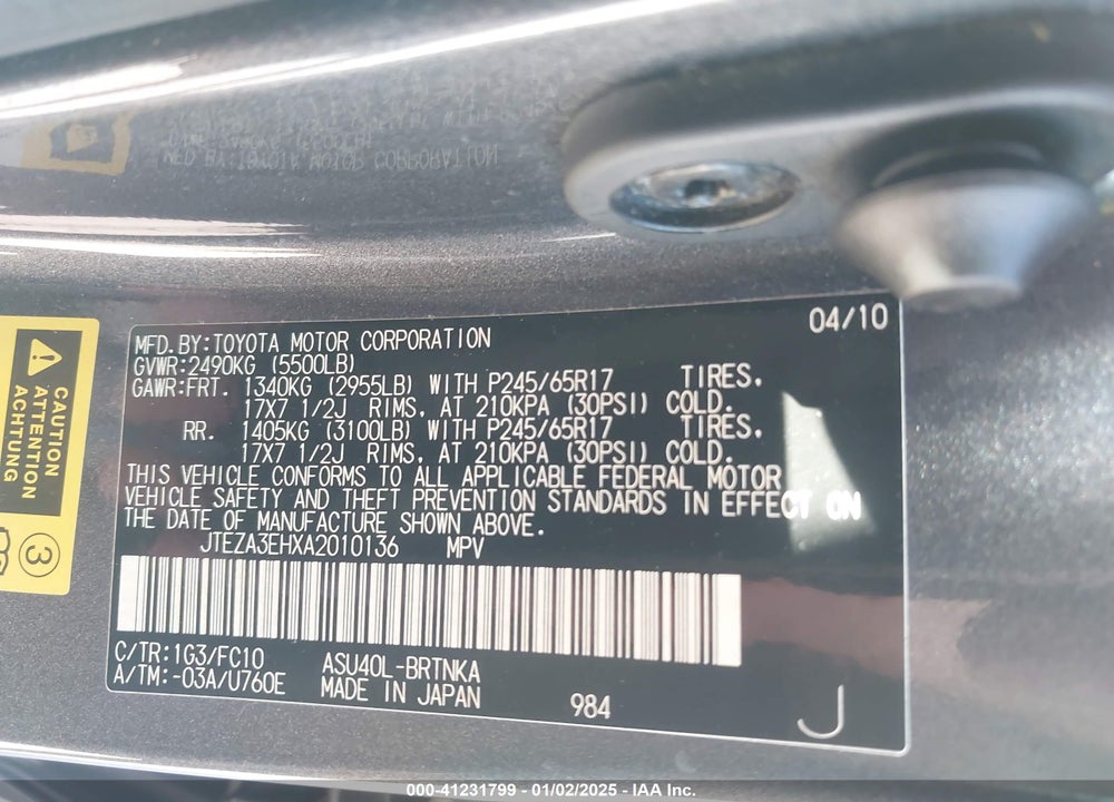 2010 TOYOTA HIGHLANDER VIN: JTEZA3EHXA2010136