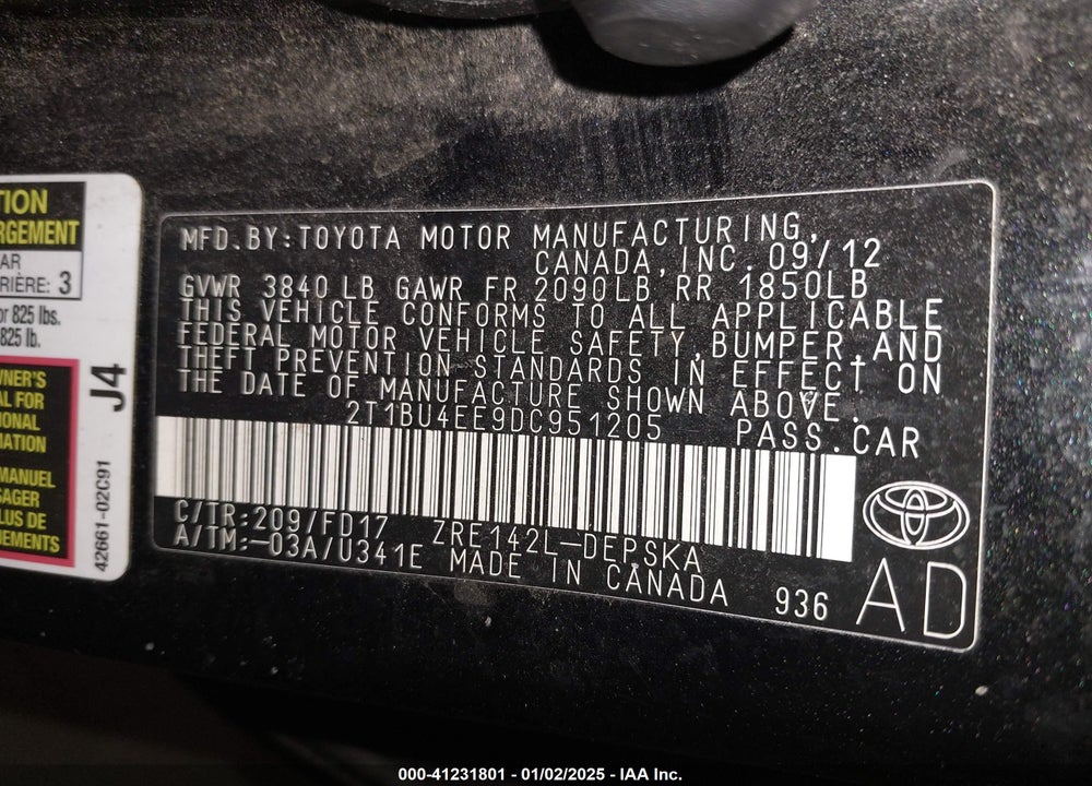 2013 TOYOTA COROLLA S VIN: 2T1BU4EE9DC951205
