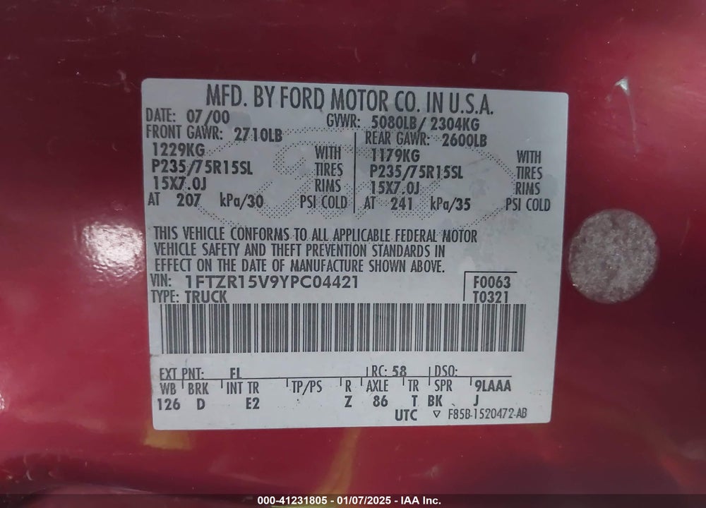 2000 FORD RANGER XL/XLT VIN: 1FTZR15V9YPC04421