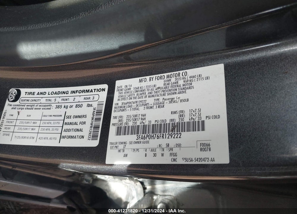 2015 FORD FUSION VIN: 3FA6P0H76FR129222