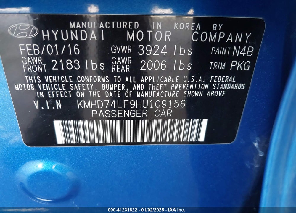 2017 HYUNDAI ELANTRA SE VIN: KMHD74LF9HU109156