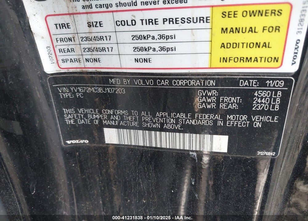 2011 VOLVO C70 VIN: YV1672MC3BJ107203