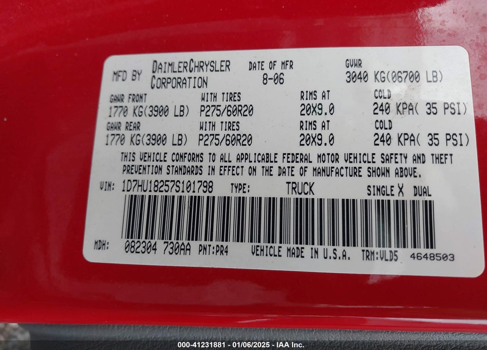 2007 DODGE RAM 1500 LARAMIE VIN: 1D7HU18257S101798