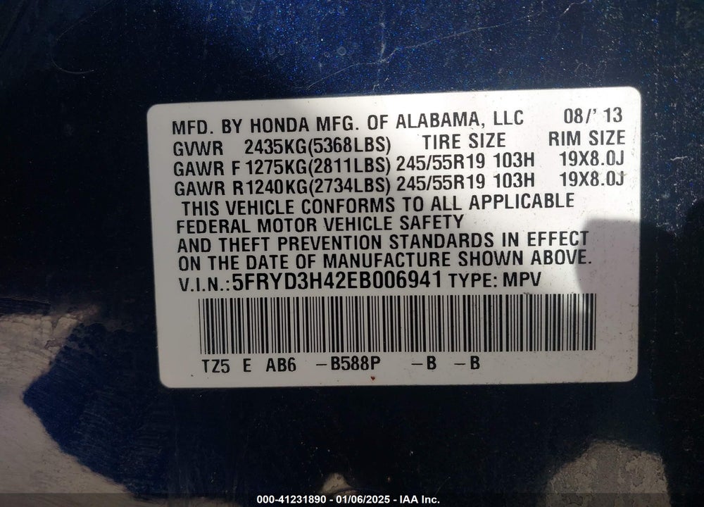 2014 ACURA MDX TECHNOLOGY PACKAGE VIN: 5FRYD3H42EB006941