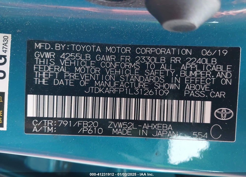 2020 TOYOTA PRIUS PRIME LE VIN: JTDKARFP1L3126109