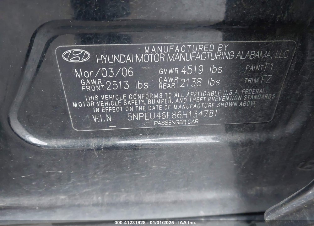 2006 HYUNDAI SONATA GLS V6/LX V6 VIN: 5NPEU46F86H134781