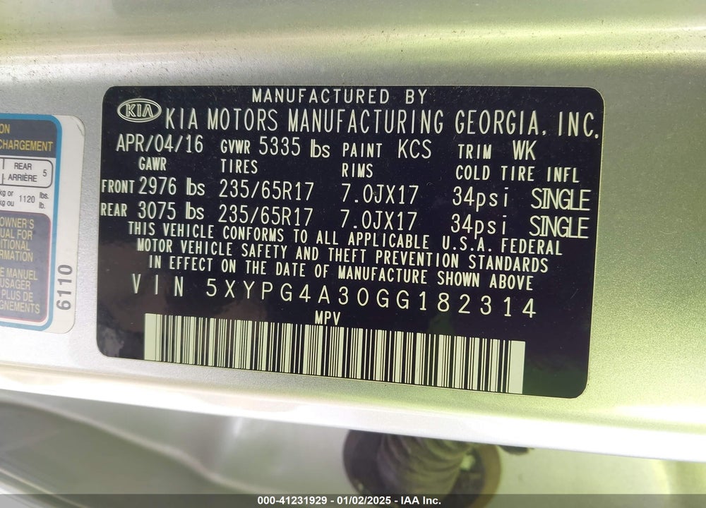 2016 KIA SORENTO 2.4L LX VIN: 5XYPG4A30GG182314