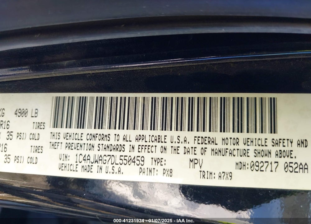 2013 JEEP WRANGLER SPORT VIN: 1C4AJWAG7DL550459