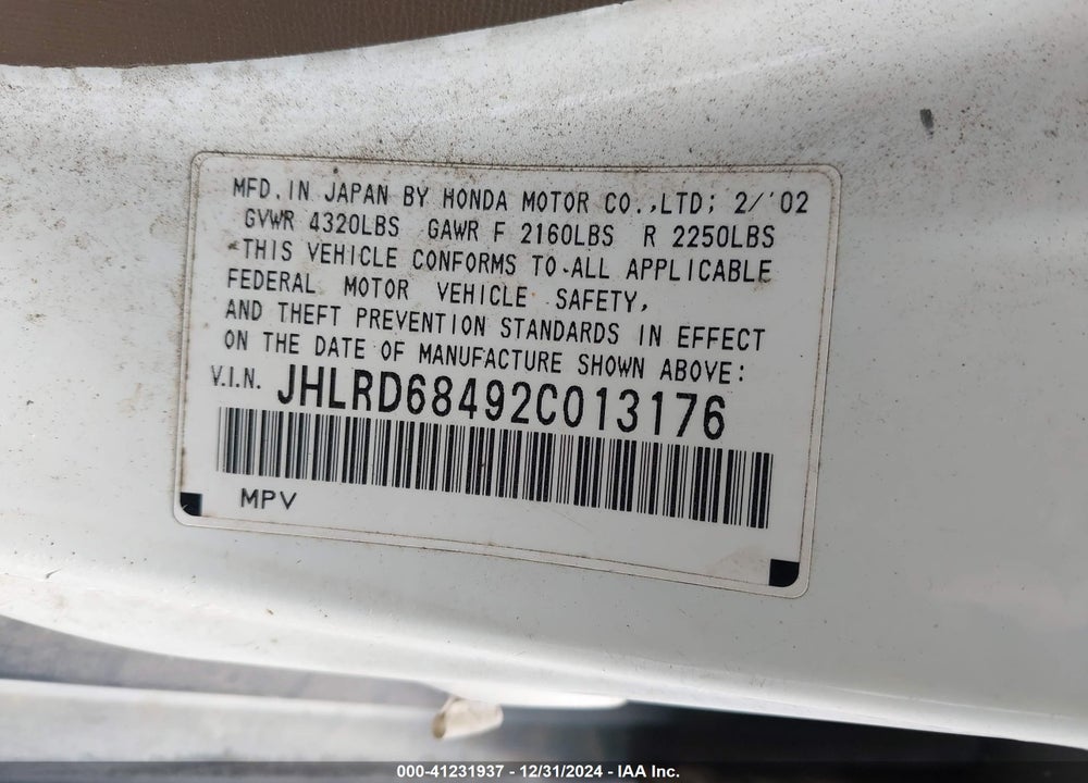 2002 HONDA CR-V LX VIN: JHLRD68492C013176