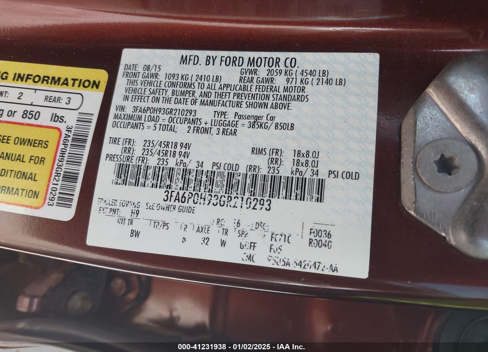 2016 FORD FUSION VIN: 3FA6P0H93GR210293