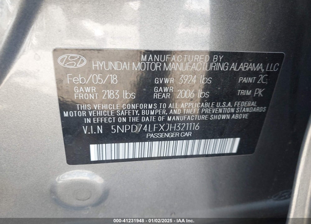 2018 HYUNDAI ELANTRA SE VIN: 5NPD74LFXJH321116