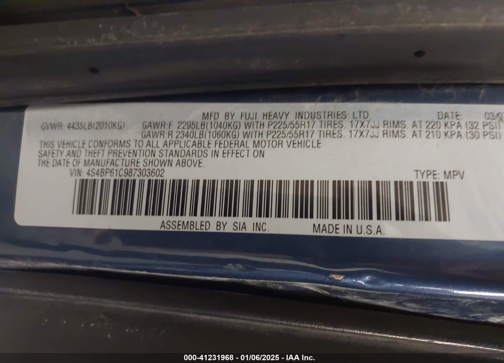2008 SUBARU OUTBACK 2.5I/2.5I L.L. BEAN EDITION VIN: 4S4BP61C987303602