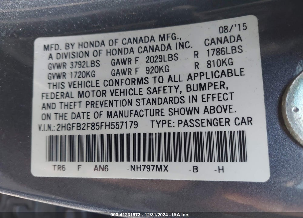 2015 HONDA CIVIC EX VIN: 2HGFB2F85FH557179