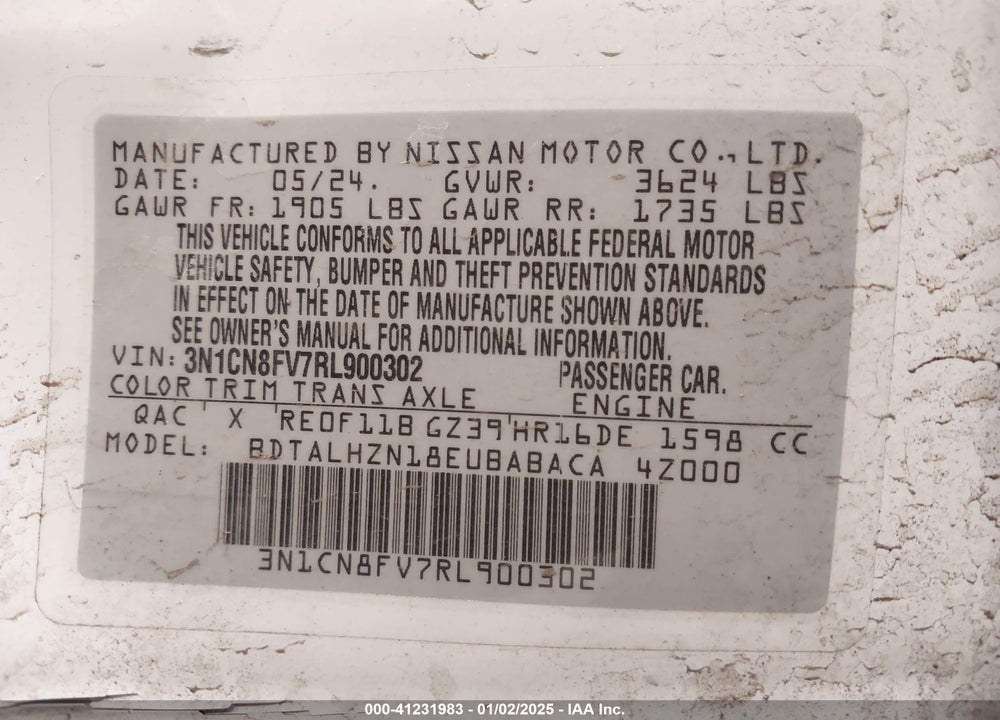 2024 NISSAN VERSA 1.6 SR VIN: 3N1CN8FV7RL900302