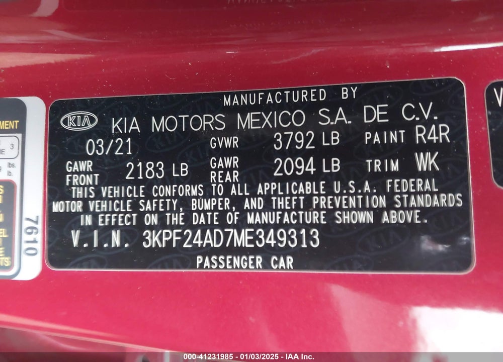 2021 KIA FORTE VIN: 3KPF24AD7ME349313